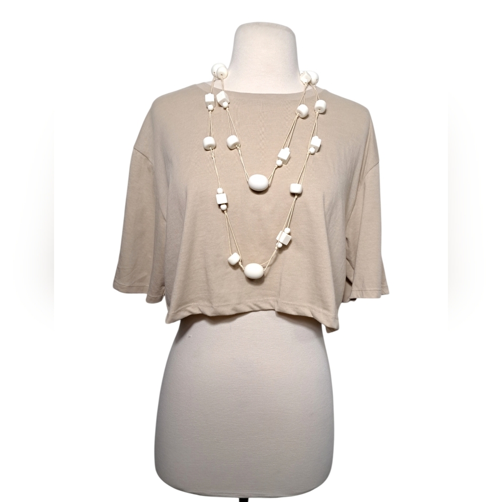 Top Women Essentials Cropped Oversized Short Sleeve Comfy Relaxed Fit Top Tan-M